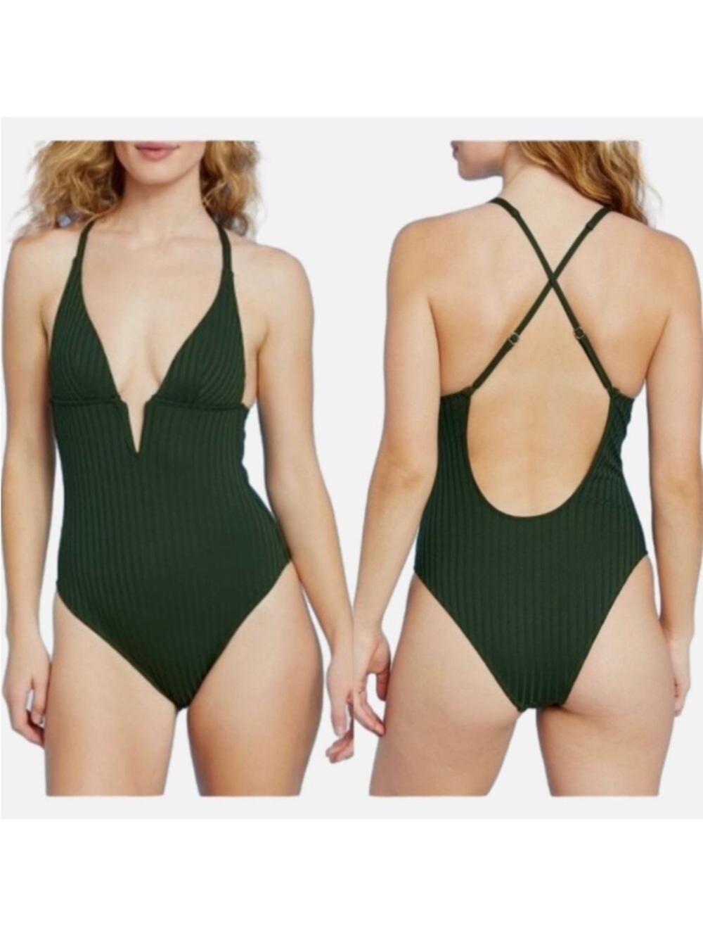 Shade & Shore ribbed plunge front V-wire one-piece swimsuit size small